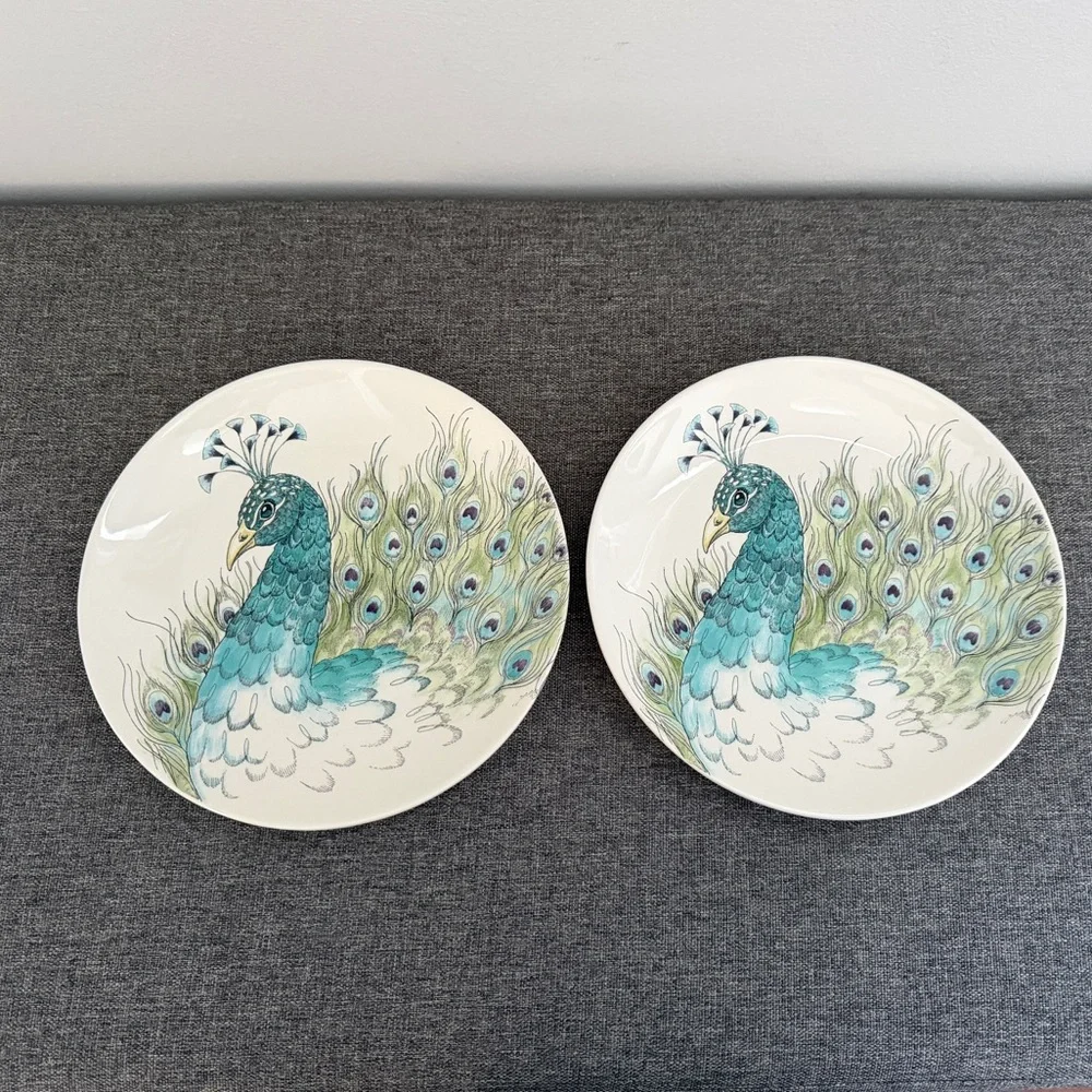 Edie Rose Peacock Collection Salad Plates Set 2 Stoneware Blue Green Purple Bird